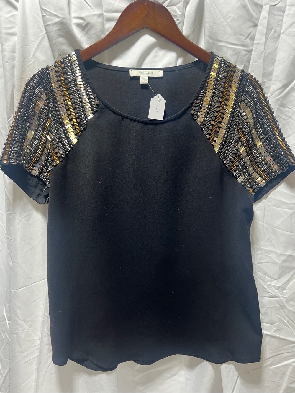 Piperlime Black Top with Gold & Silver Beaded Sleeves